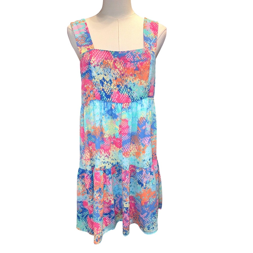 Adrienne Snakeskin Tiered Mini‎ Dress Pink Blue Multi Color Smocked Back Medium